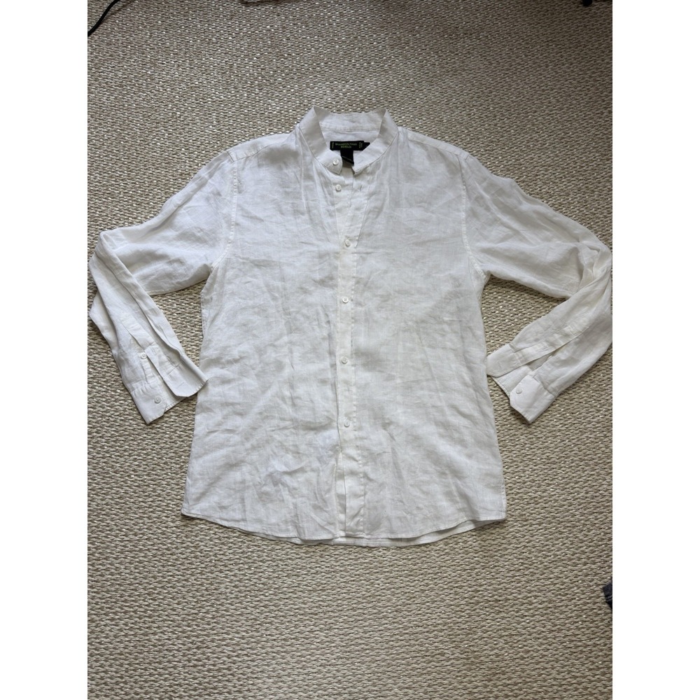 shanghai tang mens White Linen Long Sleeve Shirt. Classic Old Money Button Up LG